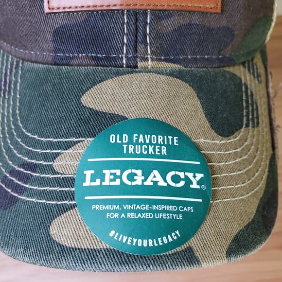Legacy 92 Old Favorite Trucker Hat Green Camo Leather American Flag Patch New - Picture 2 of 8